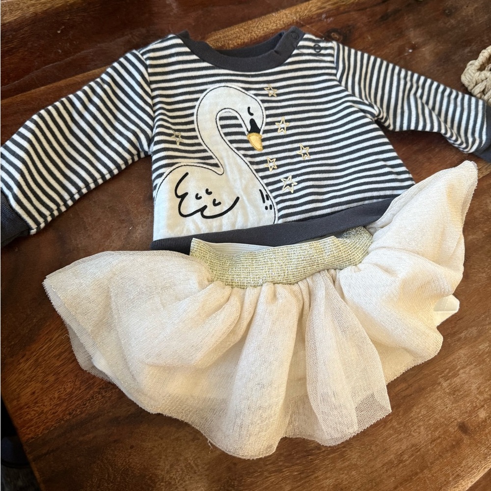 Striped Swan Top and Cream Tulle Skirt Set